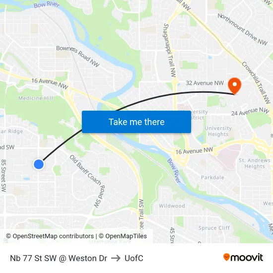 Nb 77 St SW @ Weston Dr to UofC map