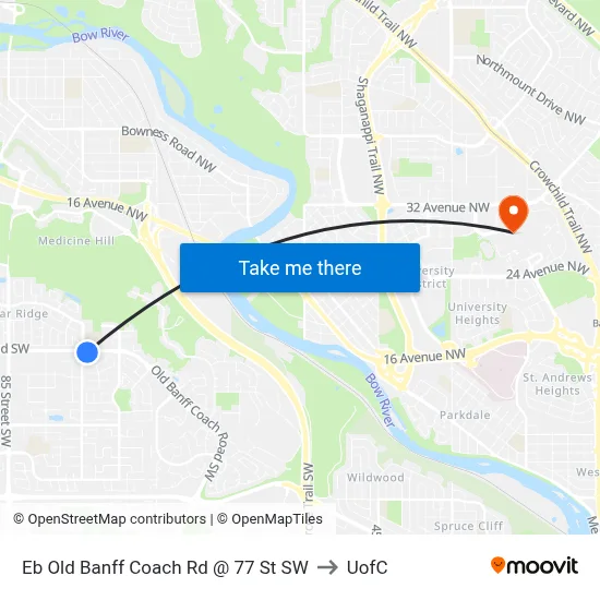 Eb Old Banff Coach Rd @ 77 St SW to UofC map