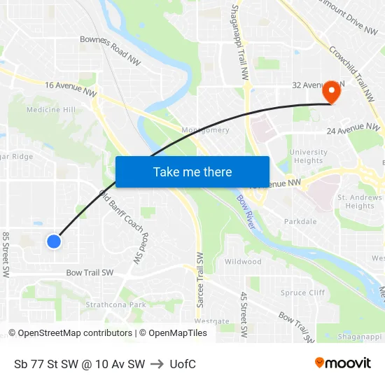 Sb 77 St SW @ 10 Av SW to UofC map