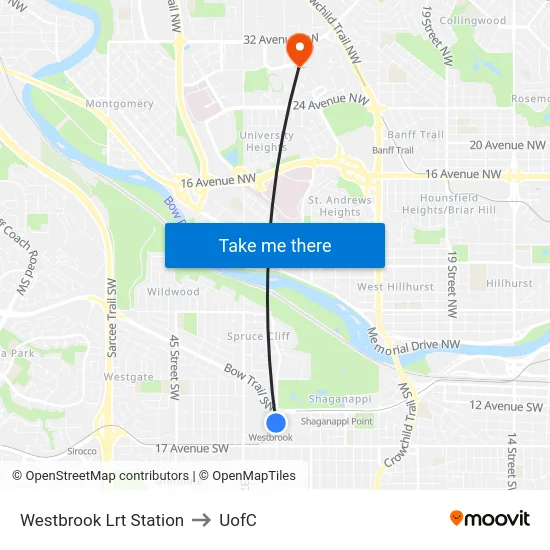 Westbrook Lrt Station to UofC map