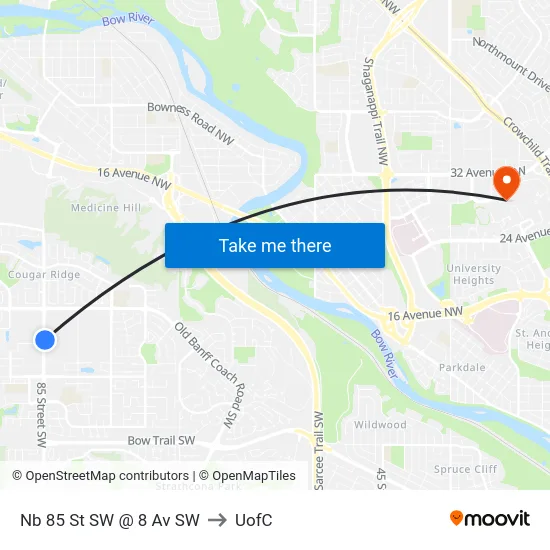 Nb 85 St SW @ 8 Av SW to UofC map