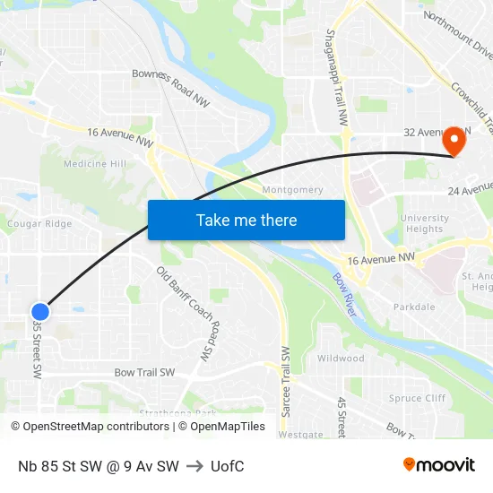 Nb 85 St SW @ 9 Av SW to UofC map