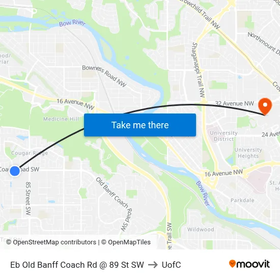 Eb Old Banff Coach Rd @ 89 St SW to UofC map