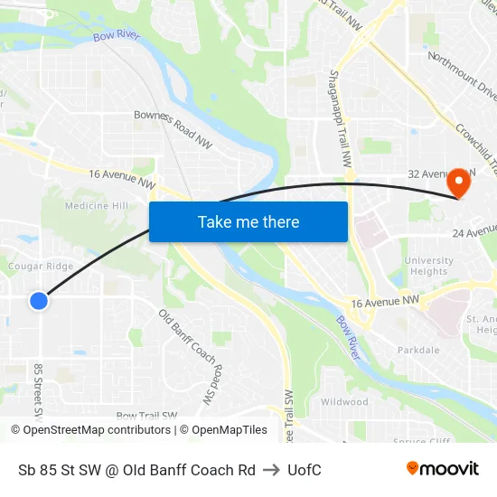 Sb 85 St SW @ Old Banff Coach Rd to UofC map
