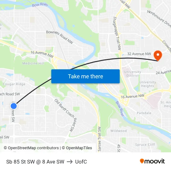 Sb 85 St SW  @ 8 Ave SW to UofC map