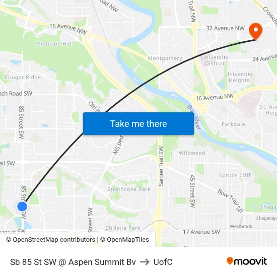 Sb 85 St SW @ Aspen Summit Bv to UofC map