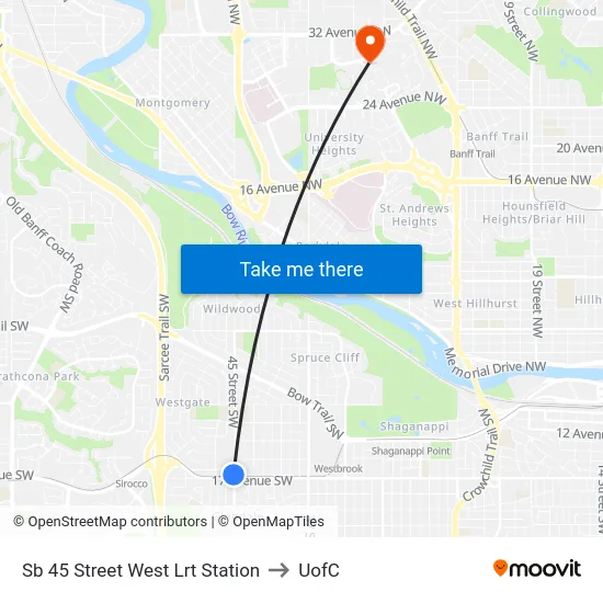 Sb 45 Street West Lrt Station to UofC map