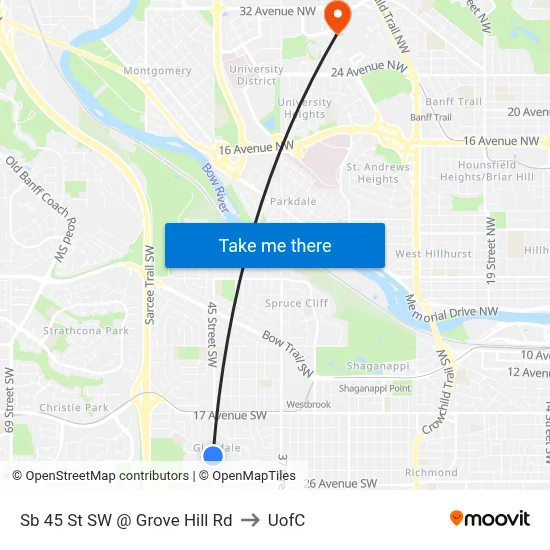 Sb 45 St SW @ Grove Hill Rd to UofC map