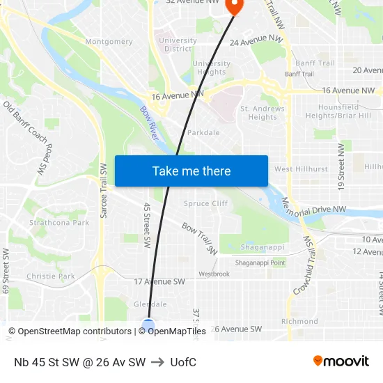 Nb 45 St SW @ 26 Av SW to UofC map