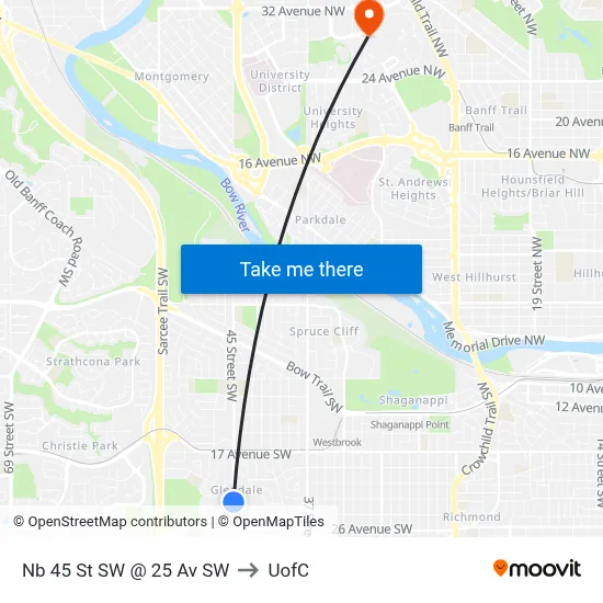 Nb 45 St SW @ 25 Av SW to UofC map
