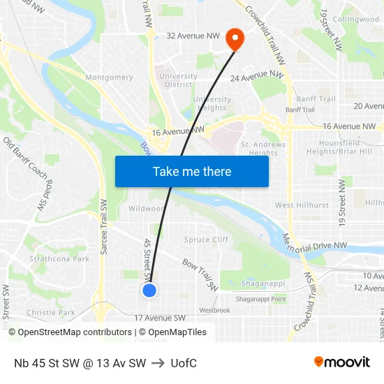 Nb 45 St SW @ 13 Av SW to UofC map