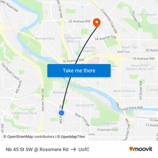 Nb 45 St SW @ Rossmere Rd to UofC map