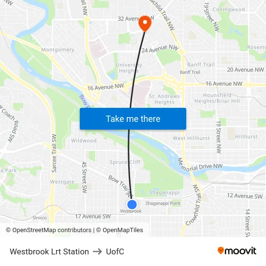 Westbrook Lrt Station to UofC map