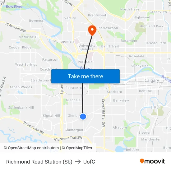 Richmond Road Station (Sb) to UofC map