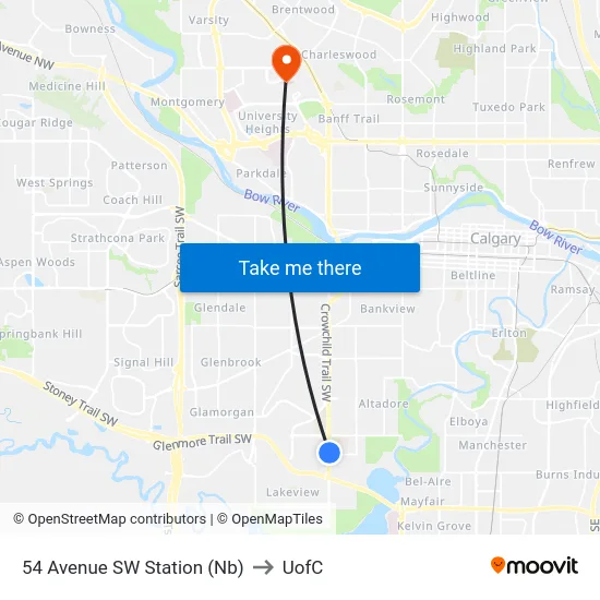 54 Avenue SW Station (Nb) to UofC map