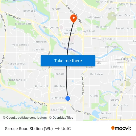 Sarcee Road Station (Wb) to UofC map