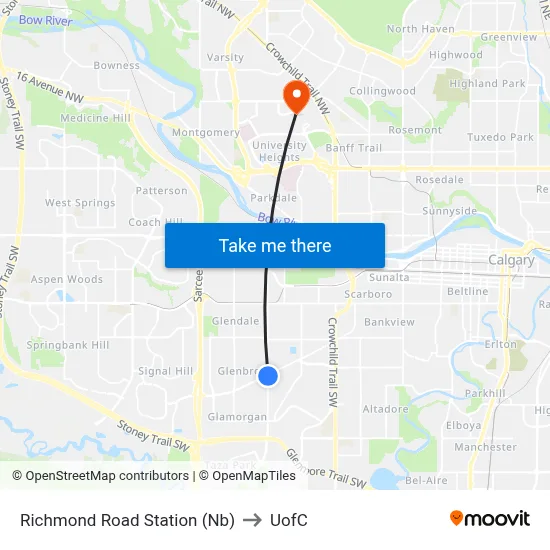 Richmond Road Station (Nb) to UofC map