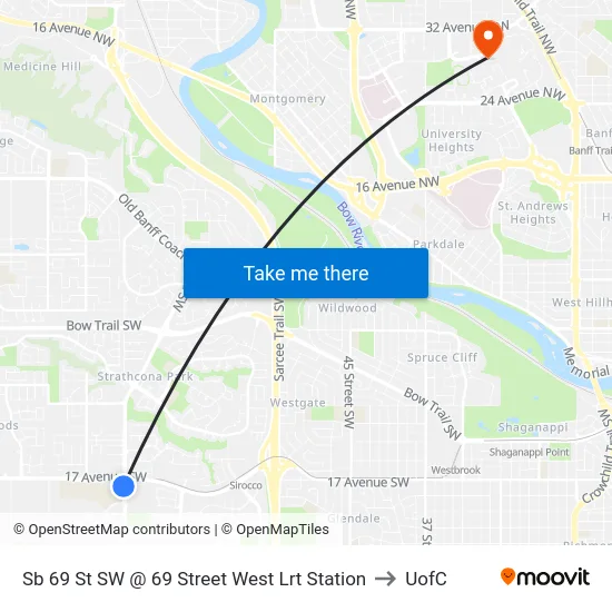 Sb 69 St SW @ 69 Street West Lrt Station to UofC map