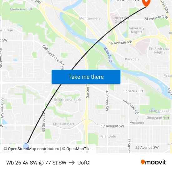 Wb 26 Av SW @ 77 St SW to UofC map