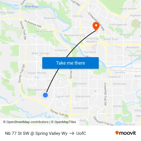 Nb 77 St SW @ Spring Valley Wy to UofC map