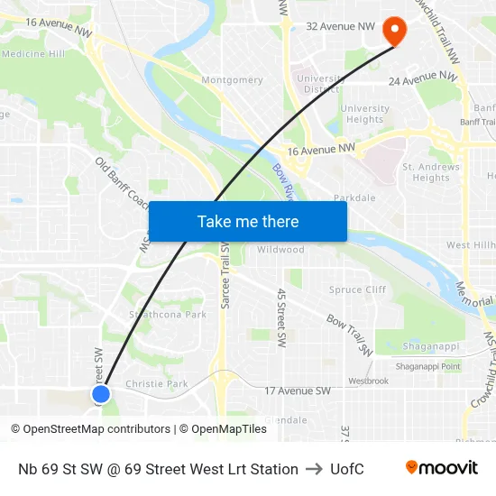 Nb 69 St SW @ 69 Street West Lrt Station to UofC map