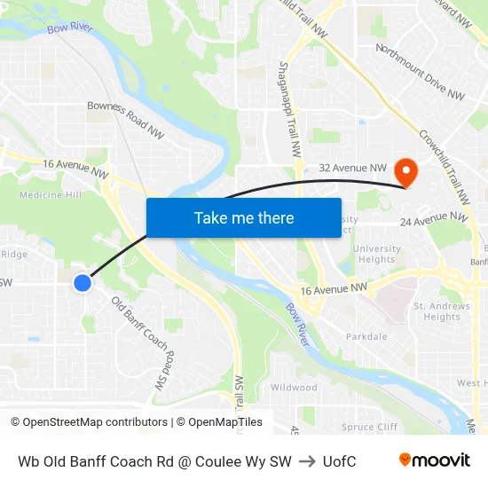 Wb Old Banff Coach Rd @ Coulee Wy SW to UofC map