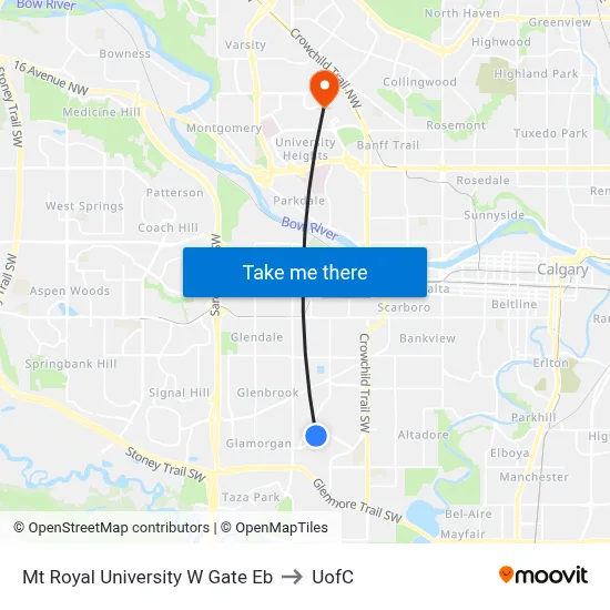 Mt Royal University W Gate Eb to UofC map