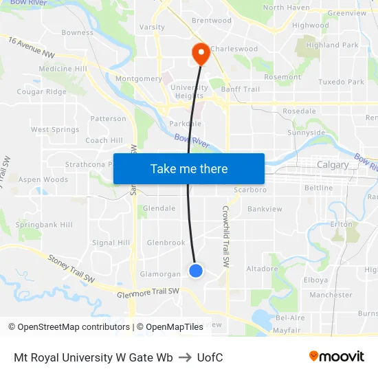 Mt Royal University W Gate Wb to UofC map