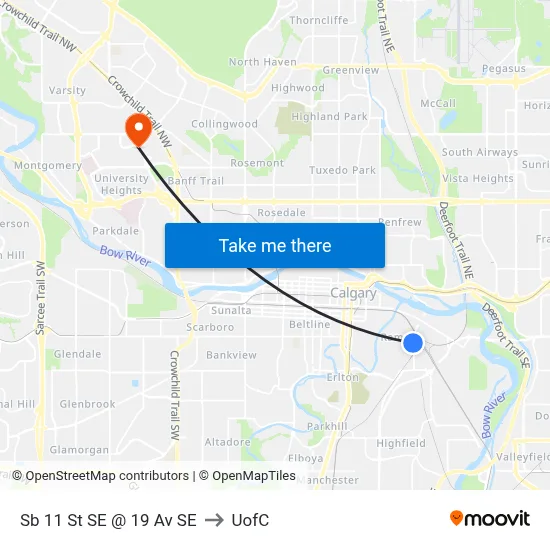 Sb 11 St SE @ 19 Av SE to UofC map