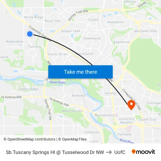 Sb Tuscany Springs Hl @ Tusselwood Dr NW to UofC map