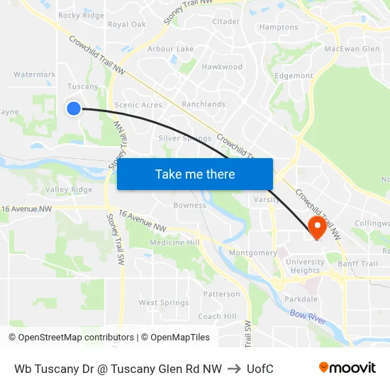 Wb Tuscany Dr @ Tuscany Glen Rd NW to UofC map