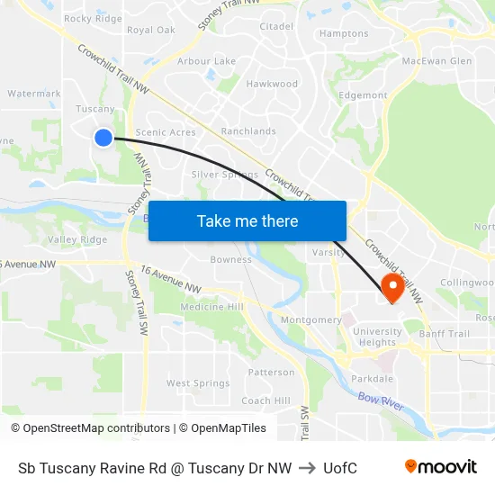 Sb Tuscany Ravine Rd @ Tuscany Dr NW to UofC map