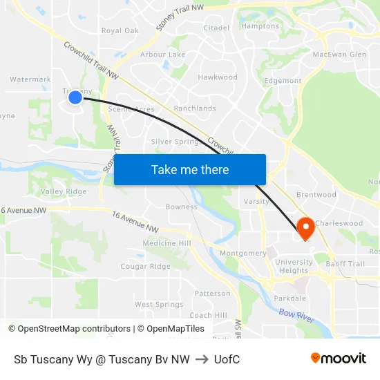 Sb Tuscany Wy @ Tuscany Bv NW to UofC map