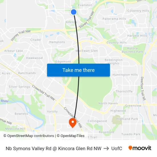 Nb Symons Valley Rd @ Kincora Glen Rd NW to UofC map