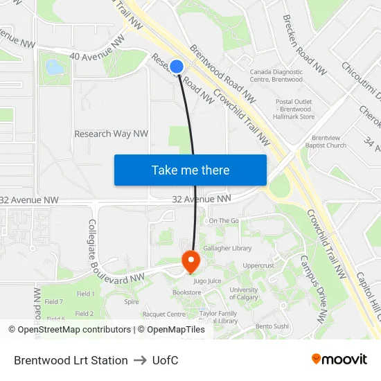 Brentwood Lrt Station to UofC map