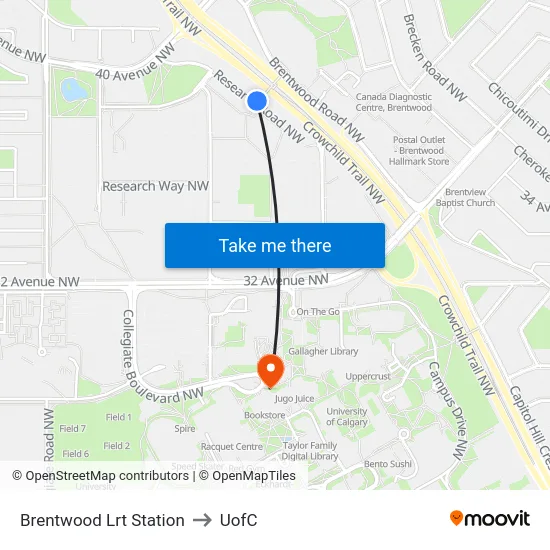 Brentwood Lrt Station to UofC map