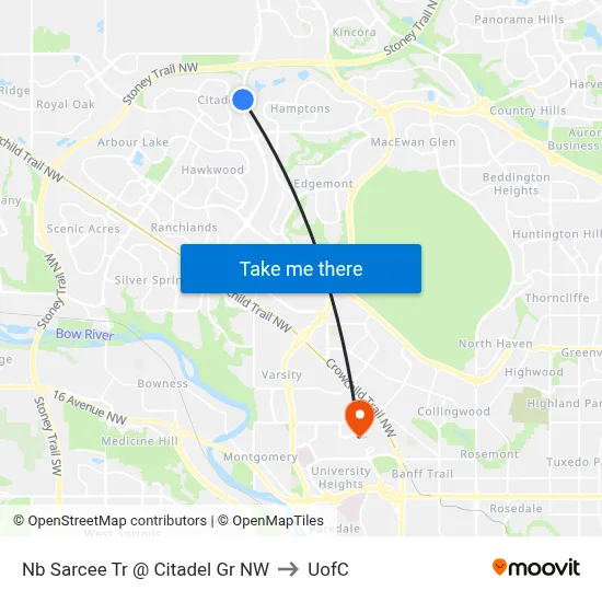 Nb Sarcee Tr @ Citadel Gr NW to UofC map