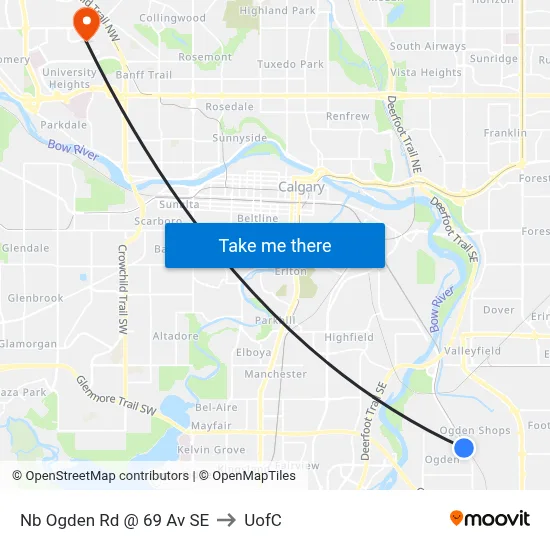 Nb Ogden Rd @ 69 Av SE to UofC map