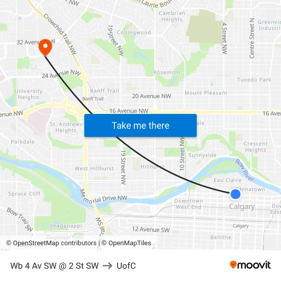Wb 4 Av SW @ 2 St SW to UofC map