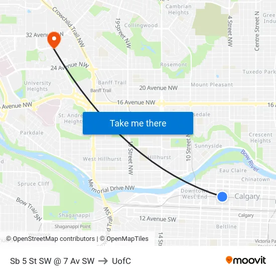 Sb 5 St SW @ 7 Av SW to UofC map