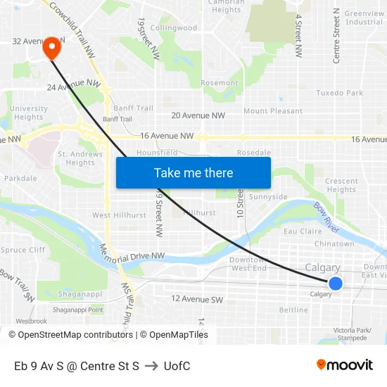 Eb 9 Av S @ Centre St S to UofC map