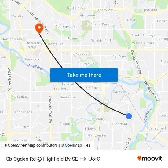 Sb Ogden Rd @ Highfield Bv SE to UofC map