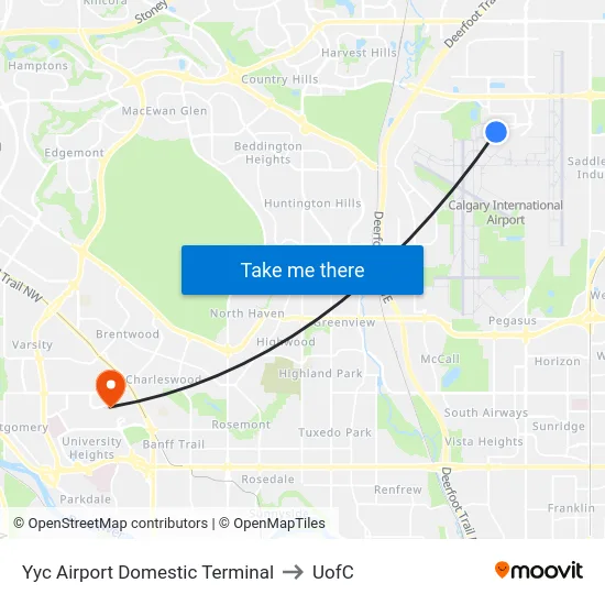 Yyc Airport Domestic Terminal to UofC map