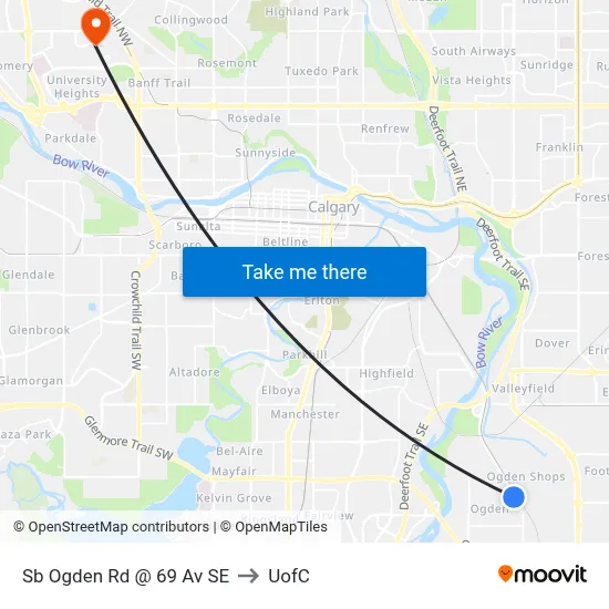 Sb Ogden Rd @ 69 Av SE to UofC map