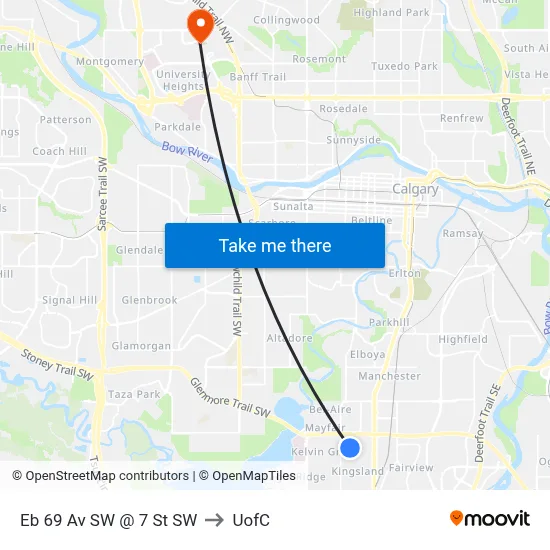 Eb 69 Av SW @ 7 St SW to UofC map