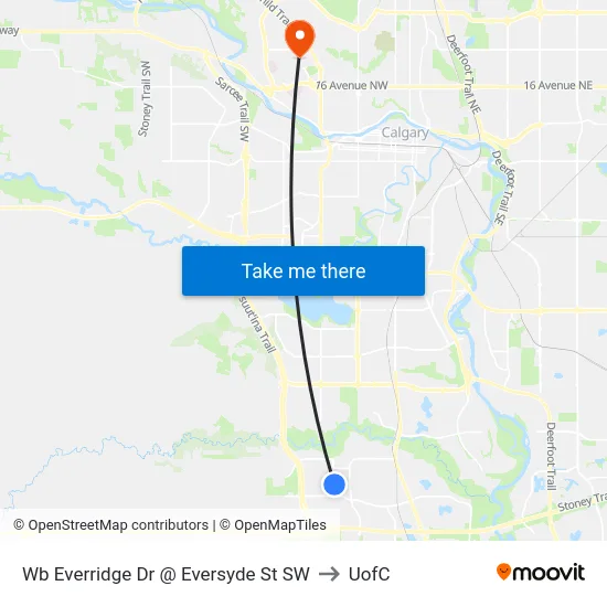 Wb  Everridge Dr @ Eversyde St SW to UofC map