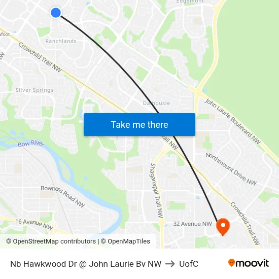 Nb Hawkwood Dr @ John Laurie Bv NW to UofC map