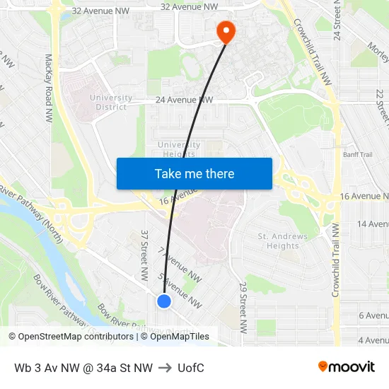 Wb 3 Av NW @ 34a St NW to UofC map