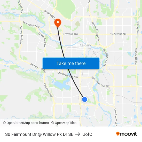 Sb Fairmount Dr @ Willow Pk Dr SE to UofC map