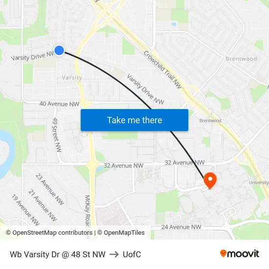 Wb Varsity Dr @ 48 St NW to UofC map